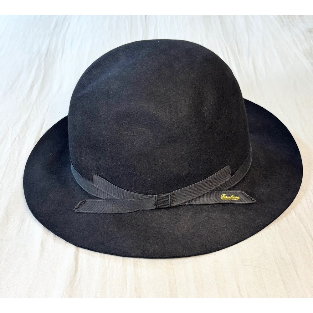 Borsalino  Black Fur Felt Fedora Wide Brim Hat Italy Mens 7 1/2